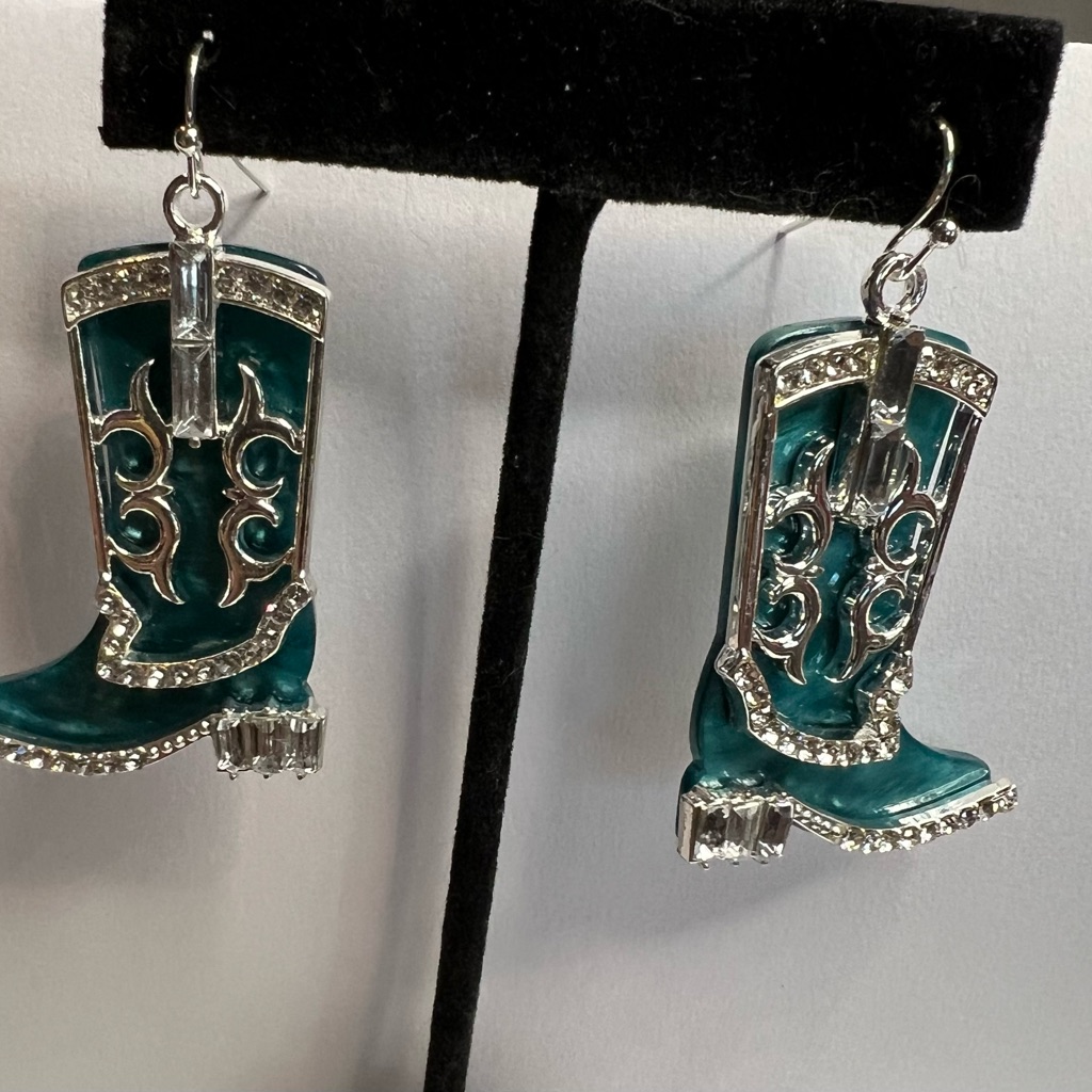 Teal Western Boot Earrings With Rhinestones 14$